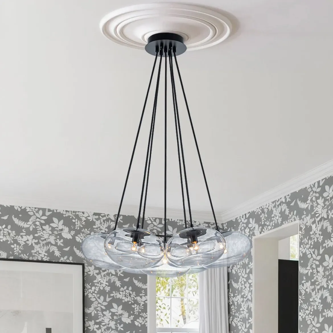 Black 7-Light Cluster Clear Glass Oval Globe Chandelier