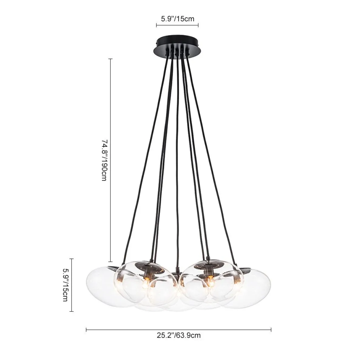 Black 7-Light Cluster Clear Glass Oval Globe Chandelier