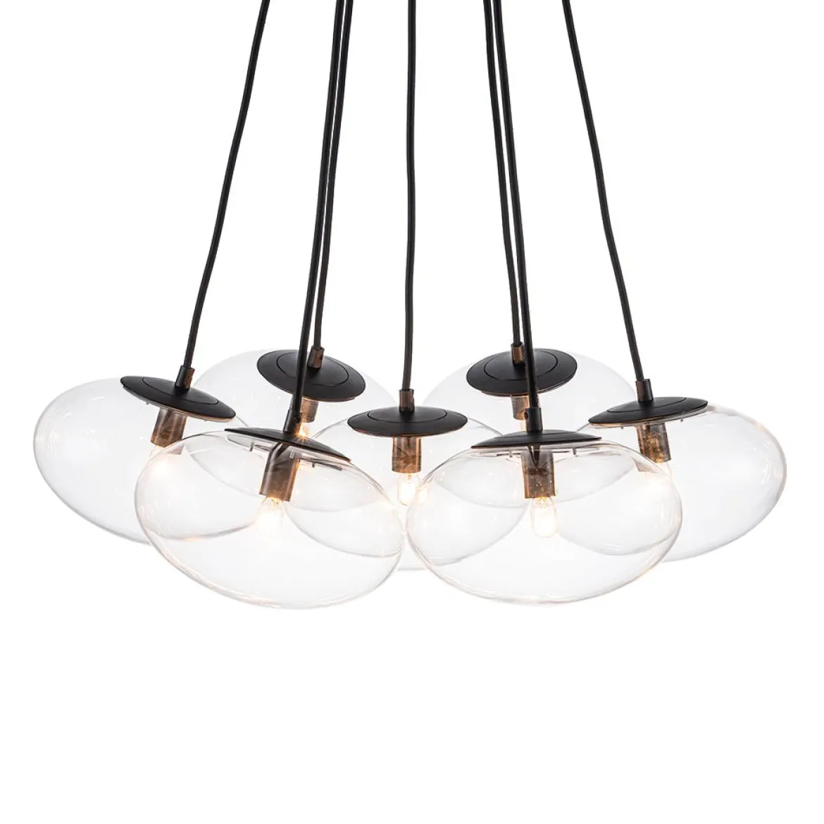 Black 7-Light Cluster Clear Glass Oval Globe Chandelier