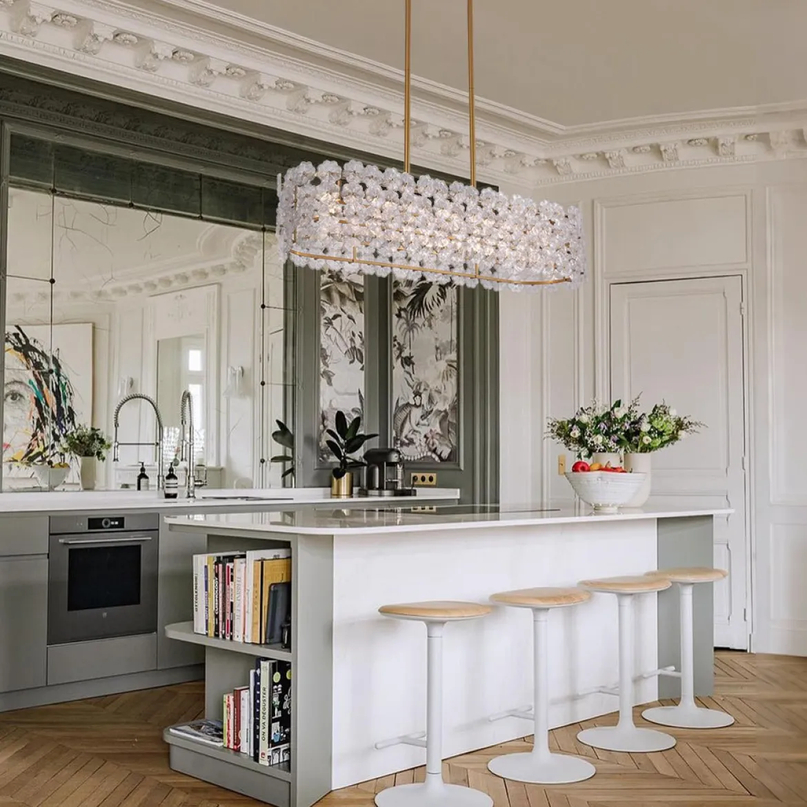 Bloom Art Deco Floral Glass Linear Cage Island Chandelier