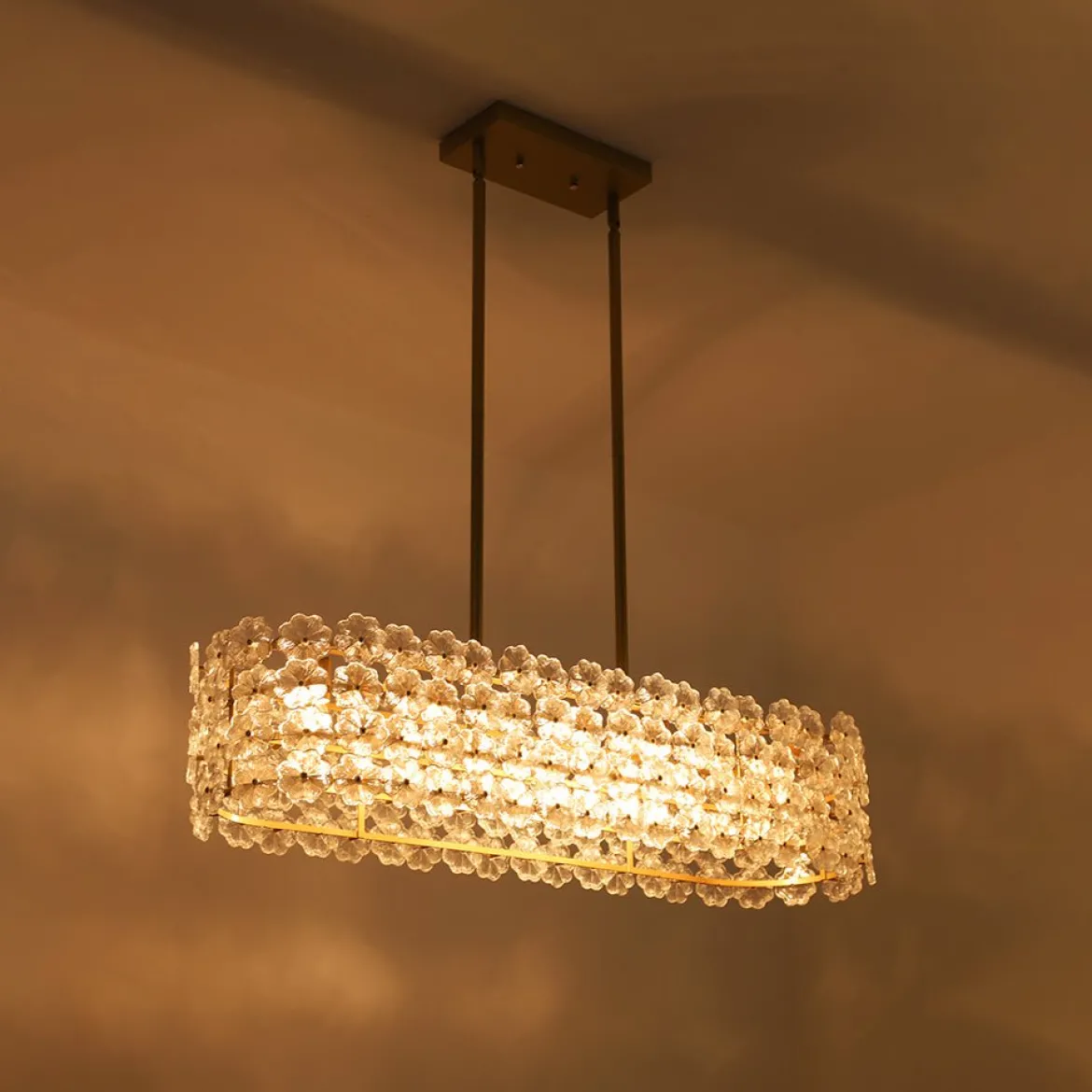 Bloom Art Deco Floral Glass Linear Cage Island Chandelier