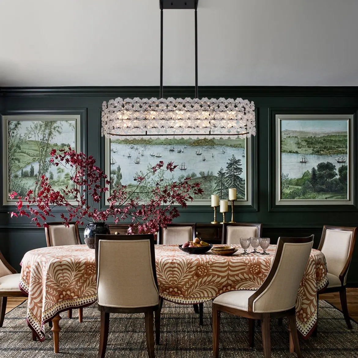 Bloom Art Deco Floral Glass Linear Cage Island Chandelier