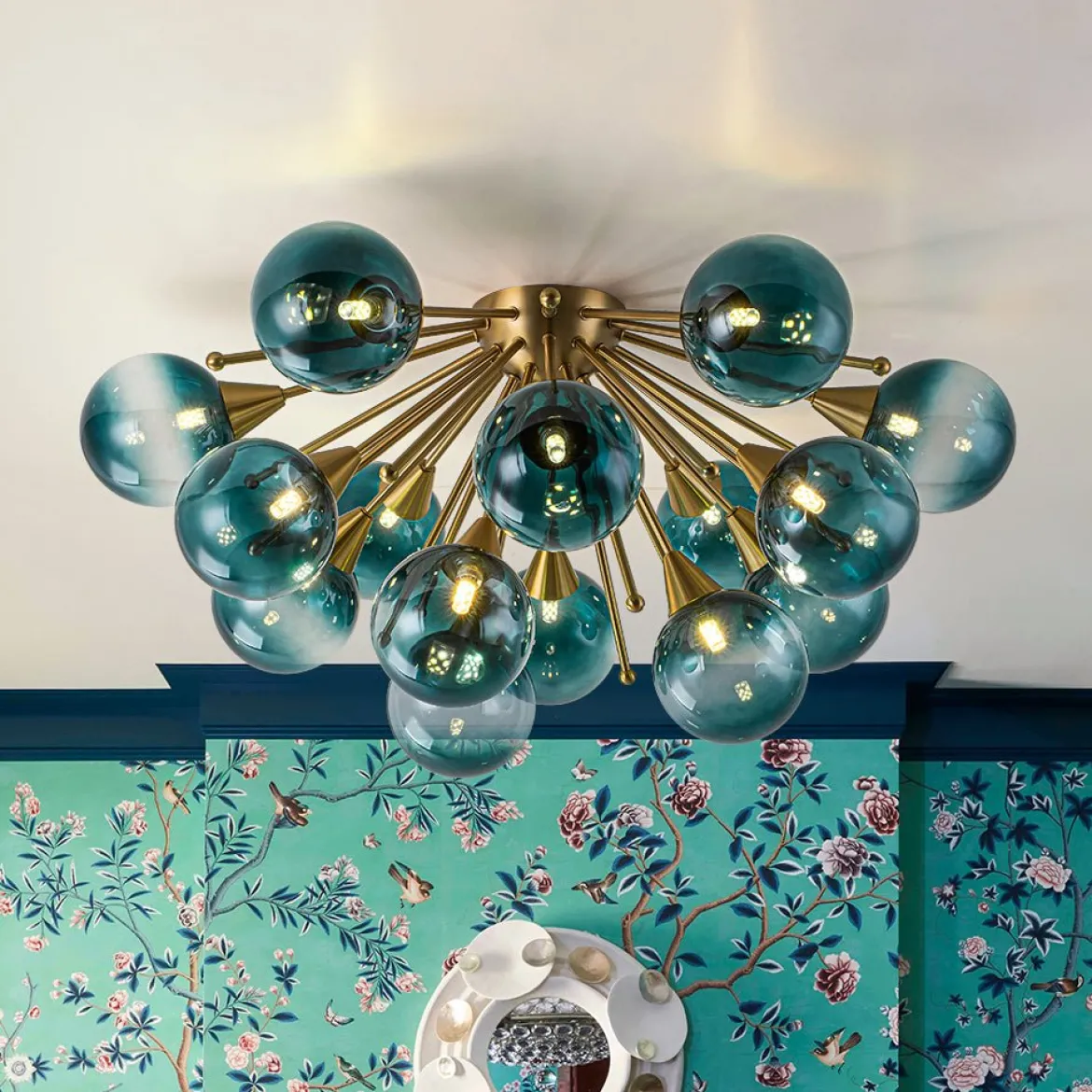 Bloom Blue Glass Bubble Round Sunburst Semi Flush Chandelier