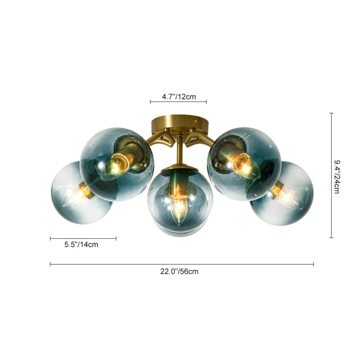 Bloom Brass Blue Glass Bubble Semi Flush Chandelier