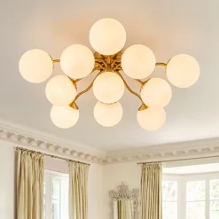Bloom Brass Frosted Glass Bubble Semi Flush Chandelier