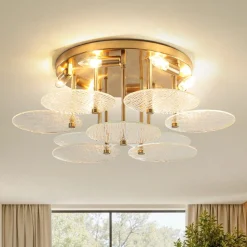Bloom Brass 6-Light Tiered Rippled Glass Round Semi Flush Mount