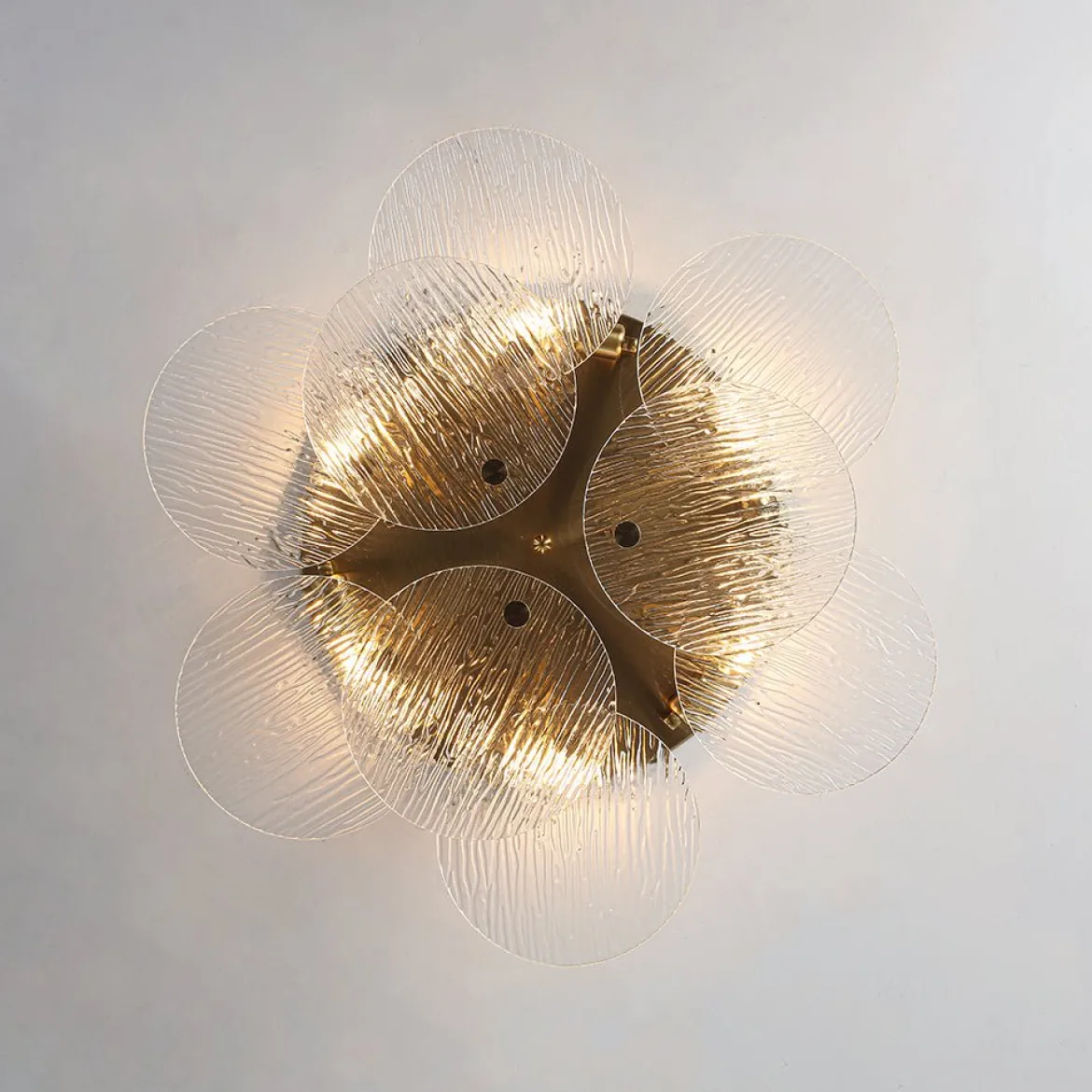 Bloom Brass 6-Light Tiered Rippled Glass Round Semi Flush Mount