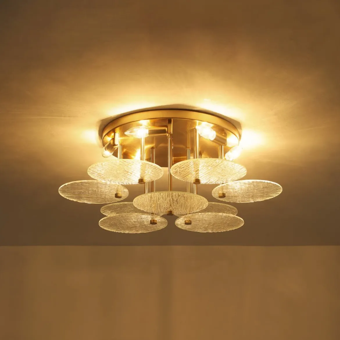 Bloom Brass 6-Light Tiered Rippled Glass Round Semi Flush Mount