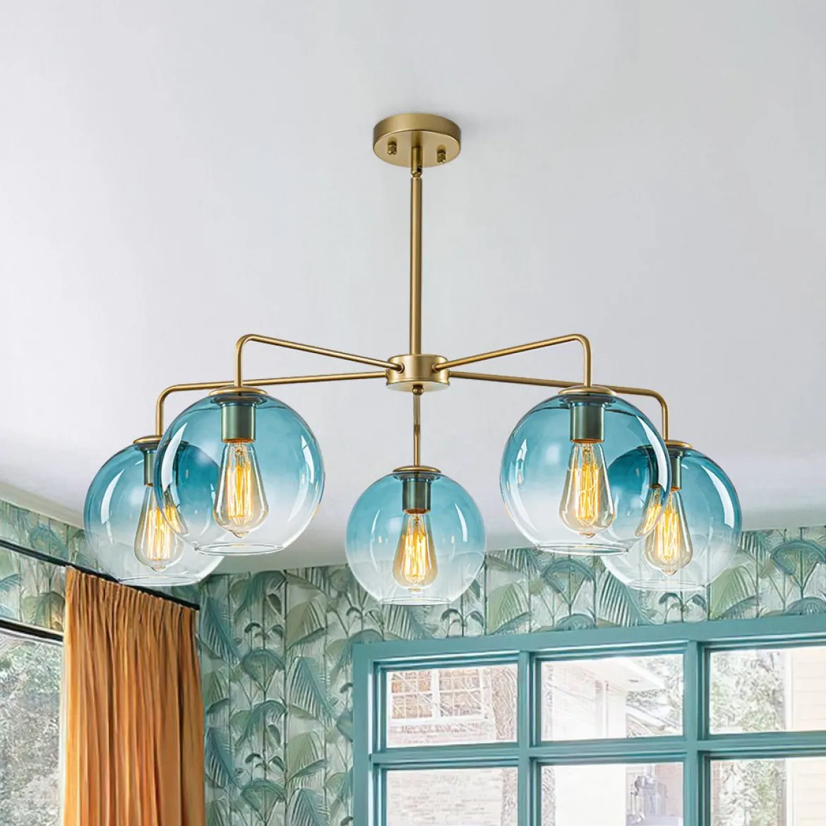 Blue Glass Globe Bubble Sputnik 5-light Round Chandelier