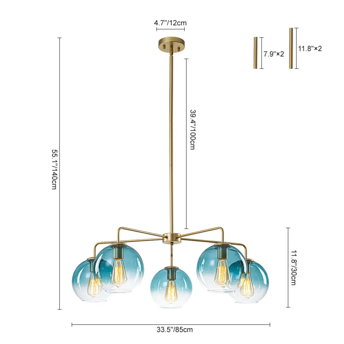 Blue Glass Globe Bubble Sputnik 5-light Round Chandelier