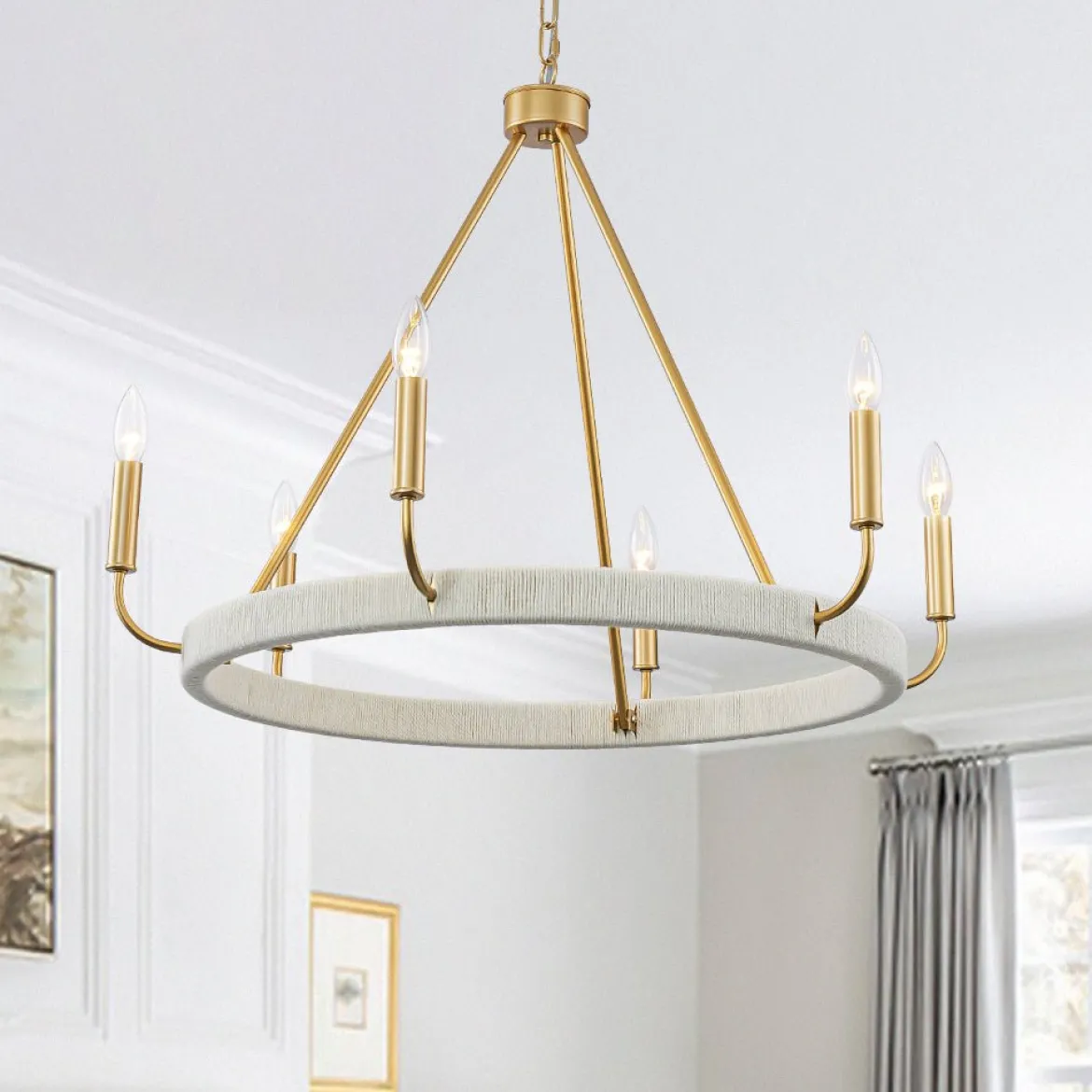 Boho 6-Light Woven String Candle Wagon Wheel Chandelier