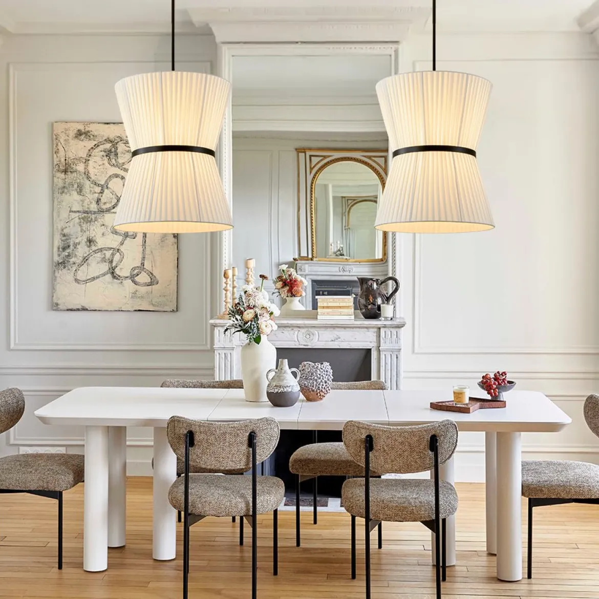 Boho 2-Tier White Fabric Tapered Drum Pendant Light