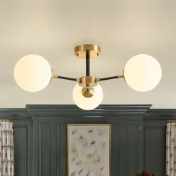 Brass Black 3-Light Frosted Glass Globe Semi Flush Mount