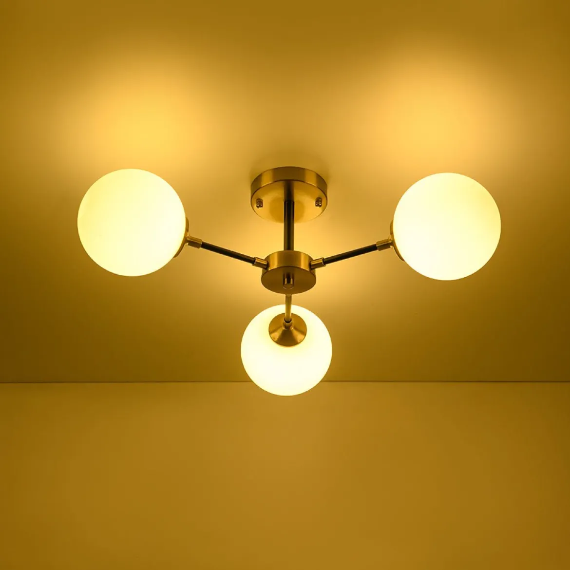 Brass Black 3-Light Frosted Glass Globe Semi Flush Mount