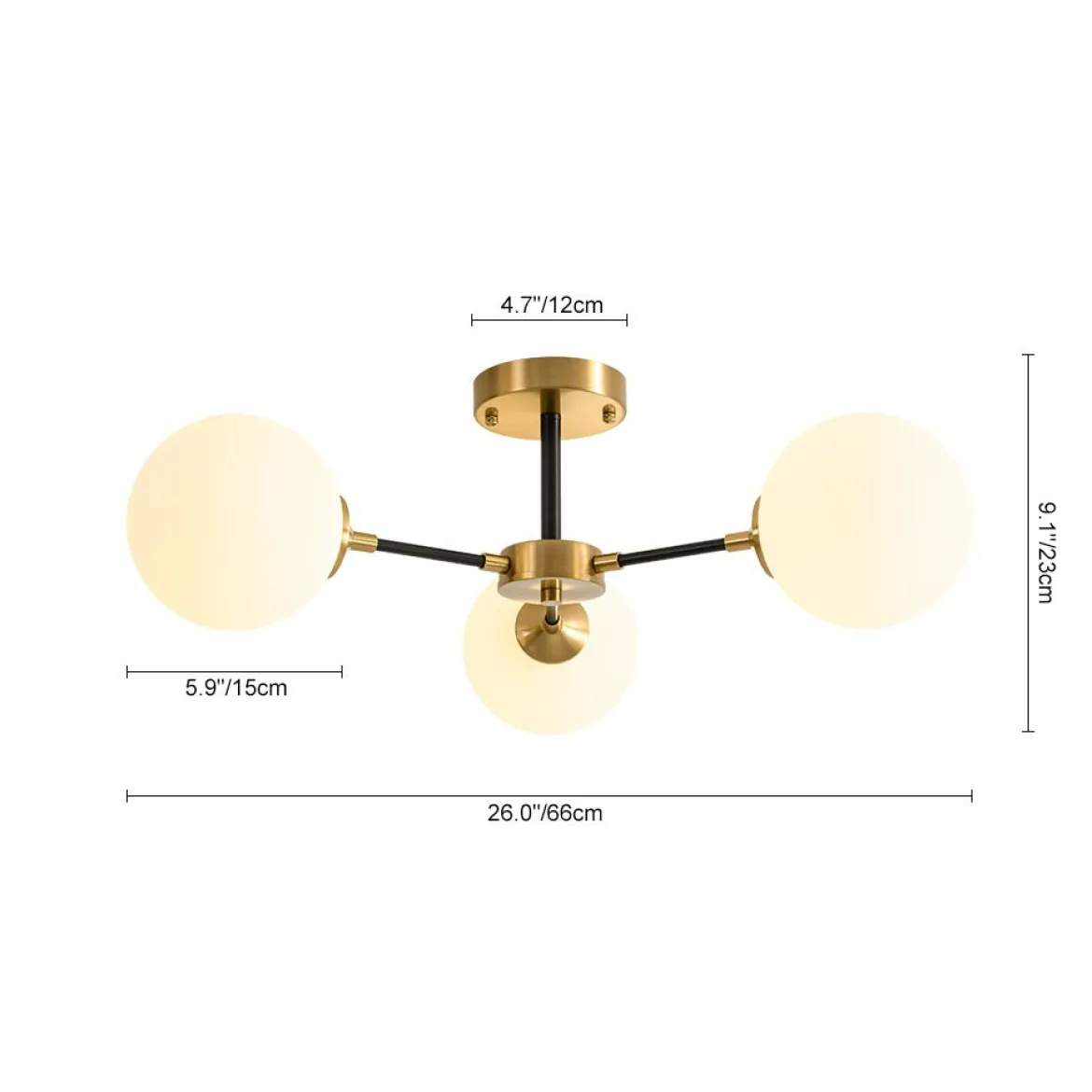 Brass Black 3-Light Frosted Glass Globe Semi Flush Mount