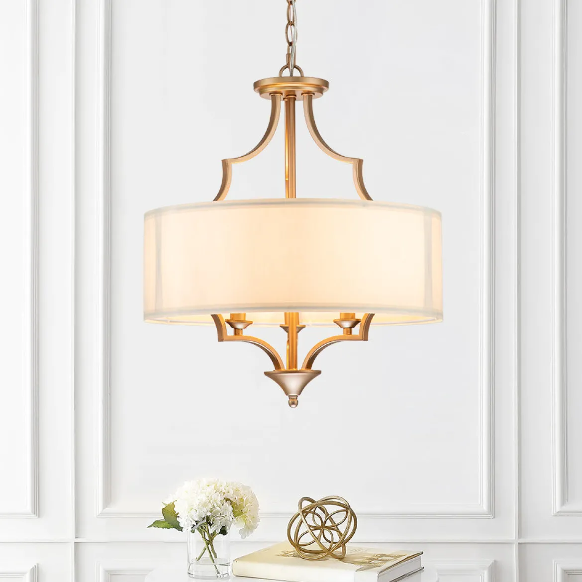 Brass Candle Style Drum Fabric Chandelier