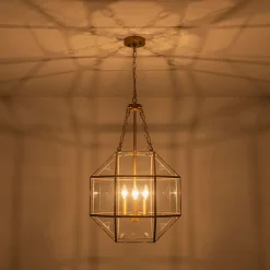 Brass Clear Glass Geometric Cube Lantern Pendant Light