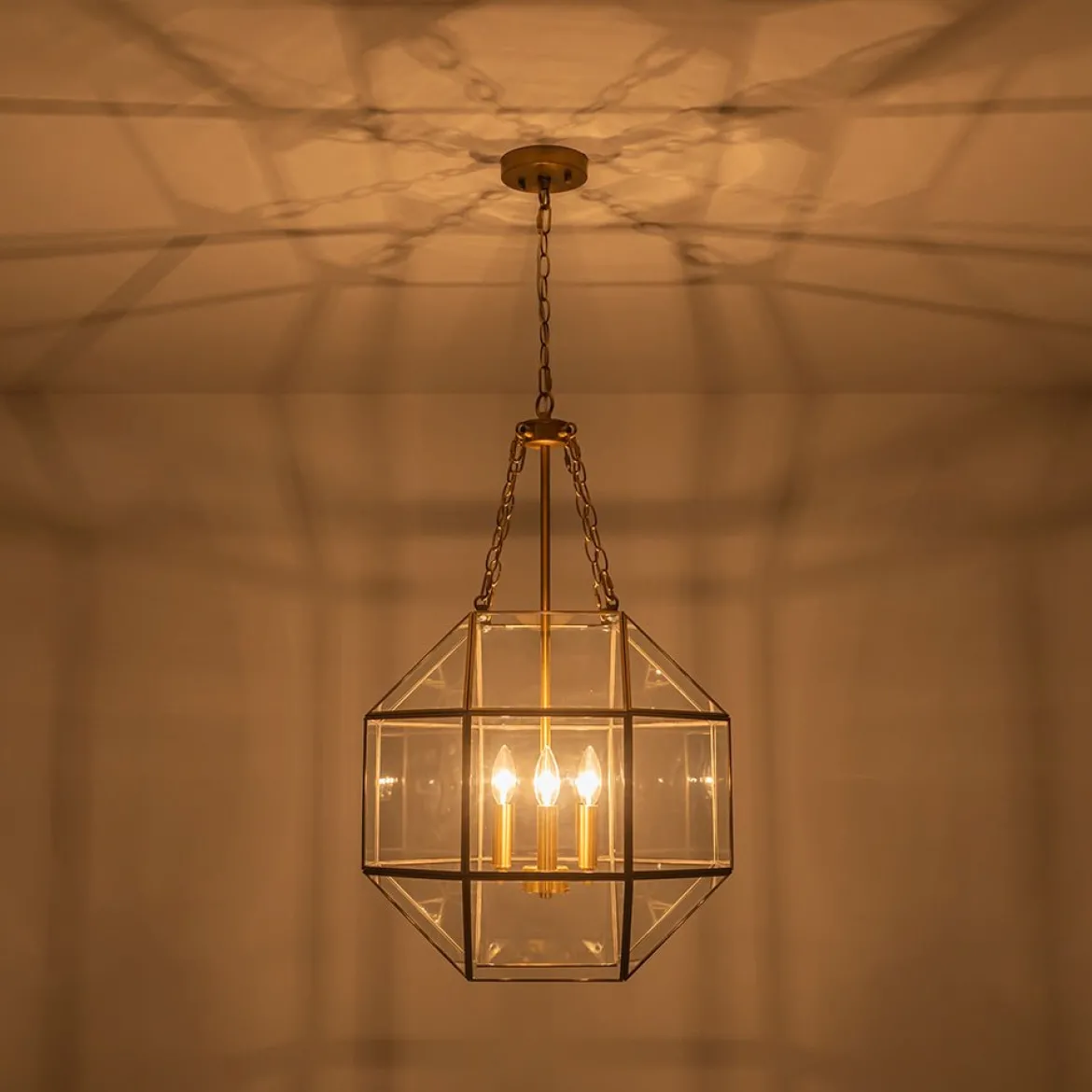 Brass Clear Glass Geometric Cube Lantern Pendant Light