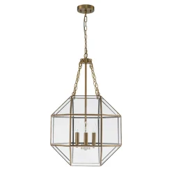 Brass Clear Glass Geometric Cube Lantern Pendant Light