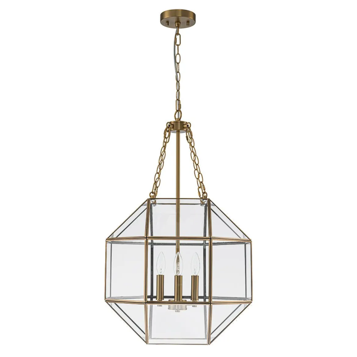 Brass Clear Glass Geometric Cube Lantern Pendant Light
