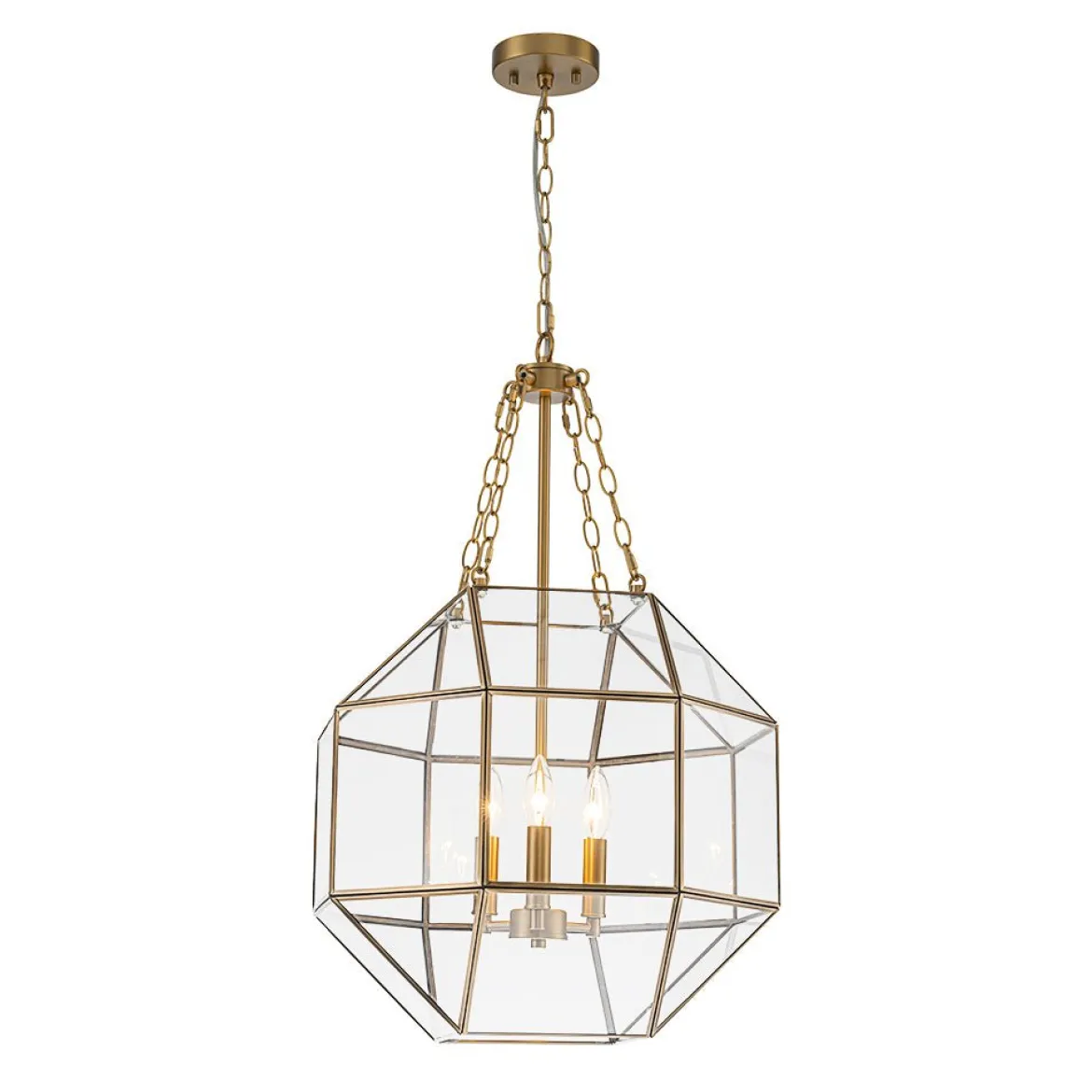 Brass Clear Glass Geometric Cube Lantern Pendant Light
