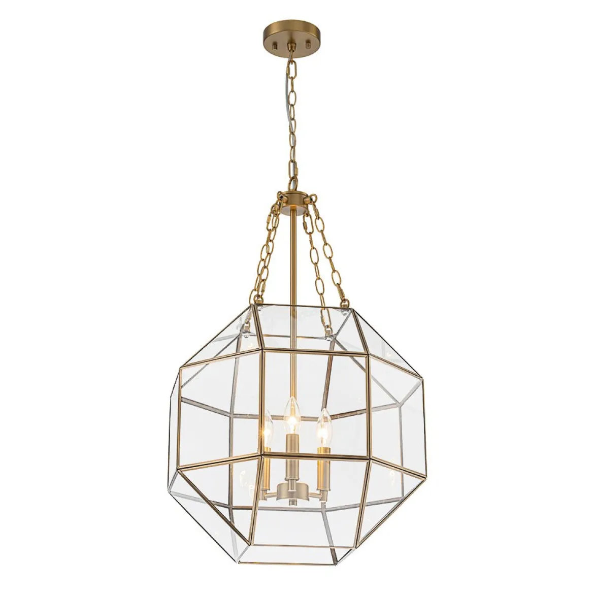 Brass Clear Glass Geometric Cube Lantern Pendant Light