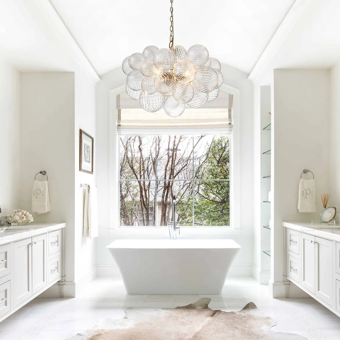 Brass Cluster Ribbed Glass Globe Bubble Chandelier