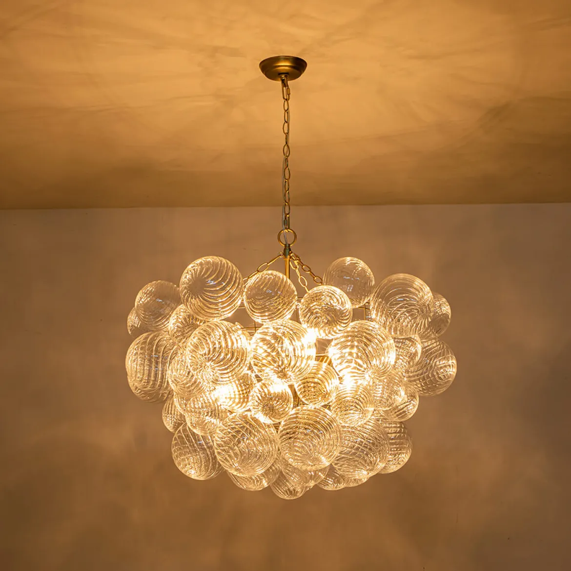 Brass Cluster Ribbed Glass Globe Bubble Chandelier