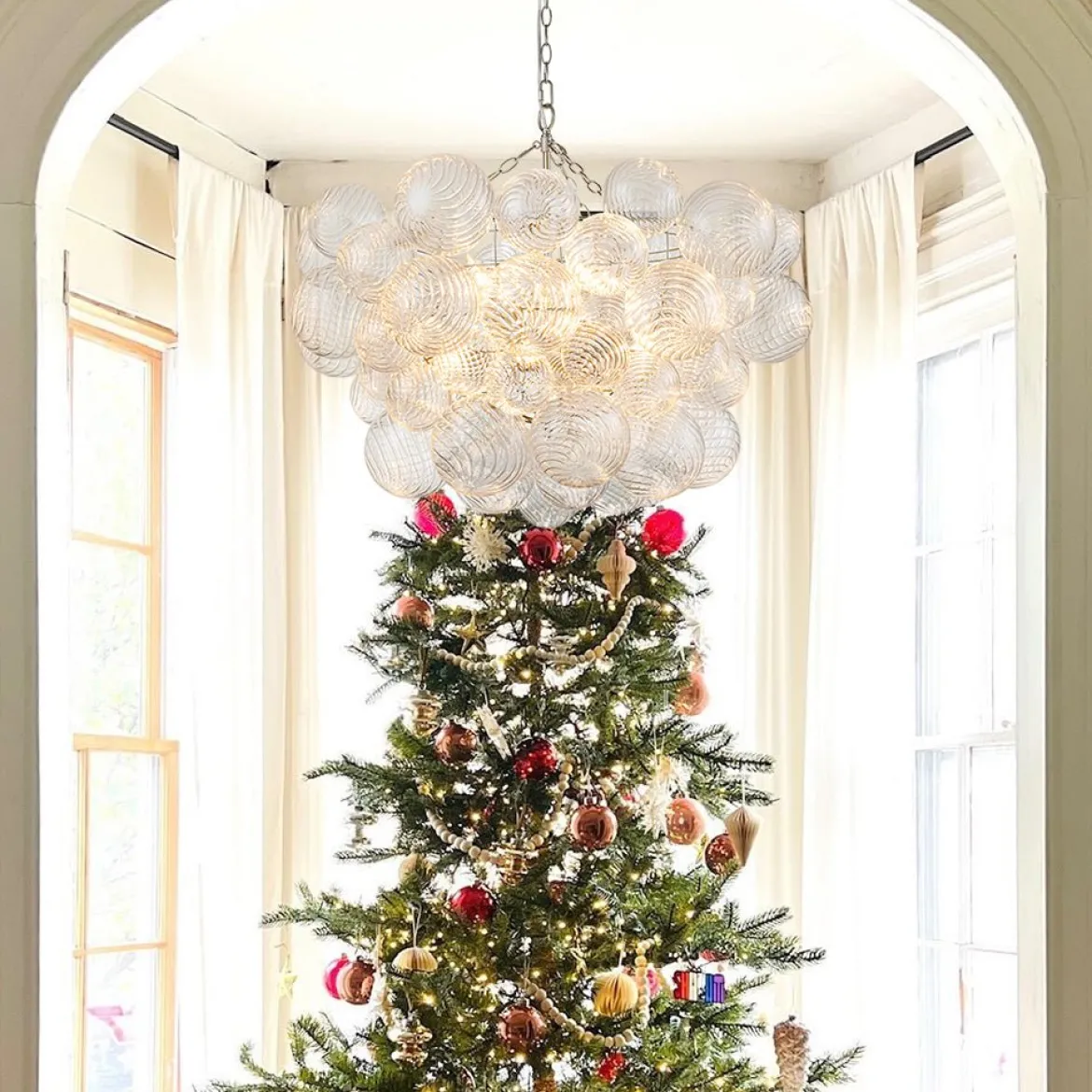 Brass Cluster Ribbed Glass Globe Bubble Chandelier