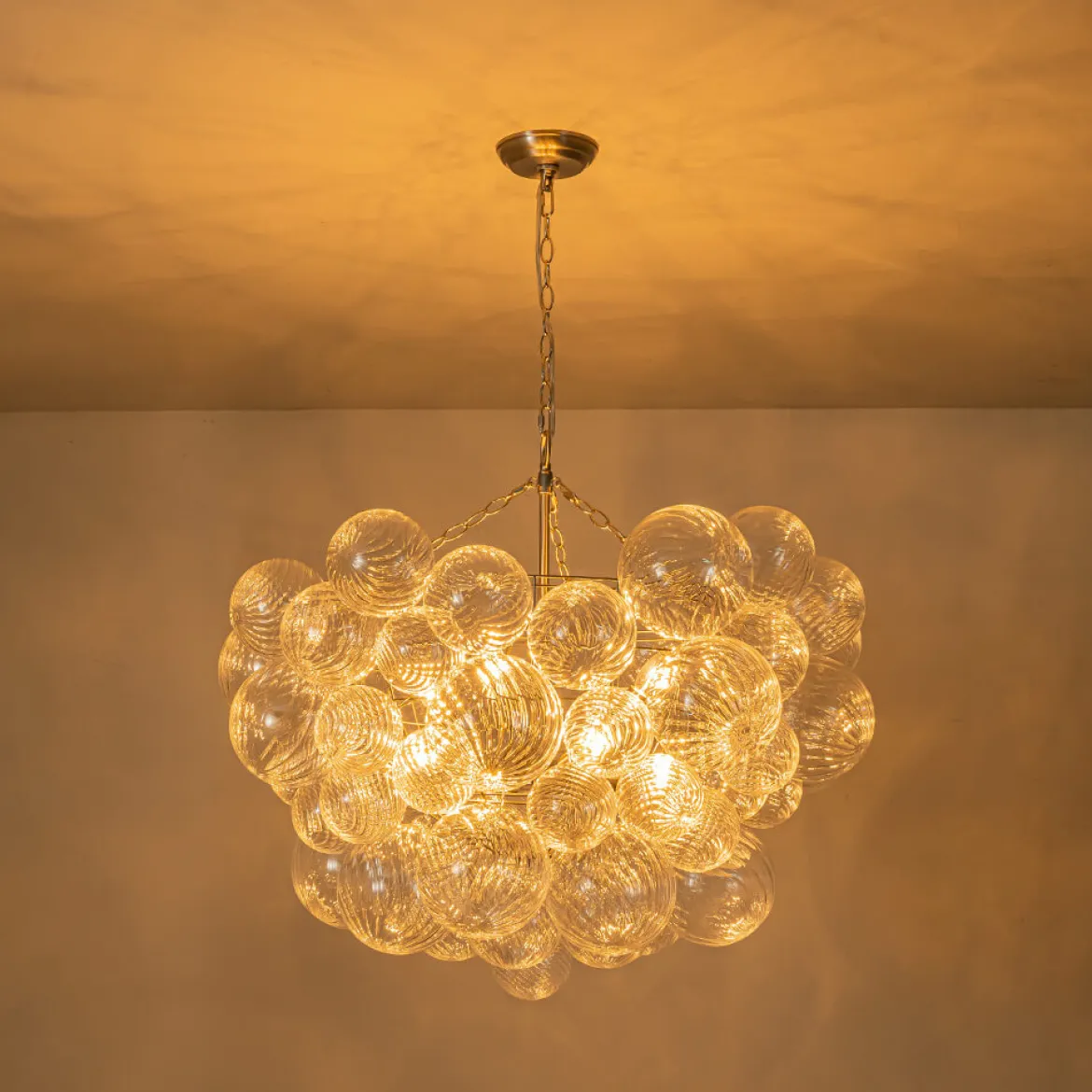 Brass Cluster Ribbed Glass Globe Bubble Chandelier