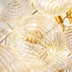 Brass Cluster Ribbed Glass Globe Bubble Chandelier