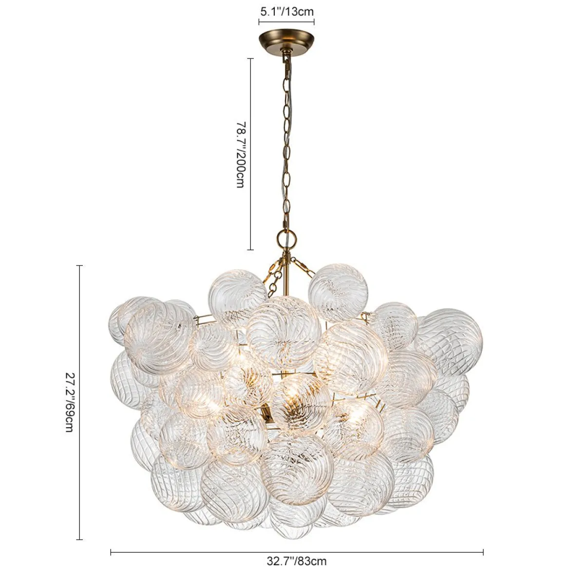 Brass Cluster Ribbed Glass Globe Bubble Chandelier