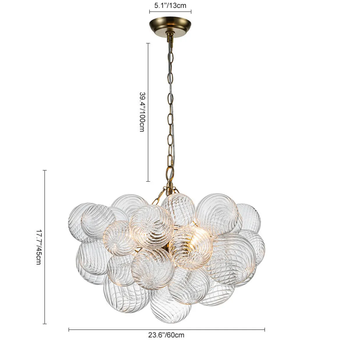 Brass Cluster Ribbed Glass Globe Bubble Chandelier