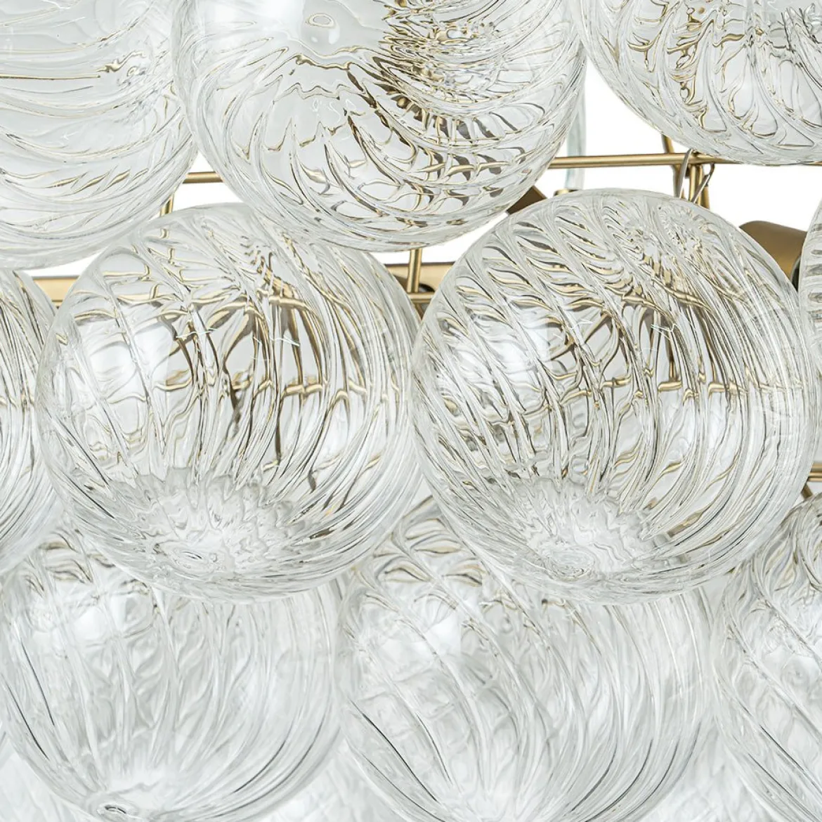 Brass Cluster Ribbed Glass Globe Bubble Linear Chandelier