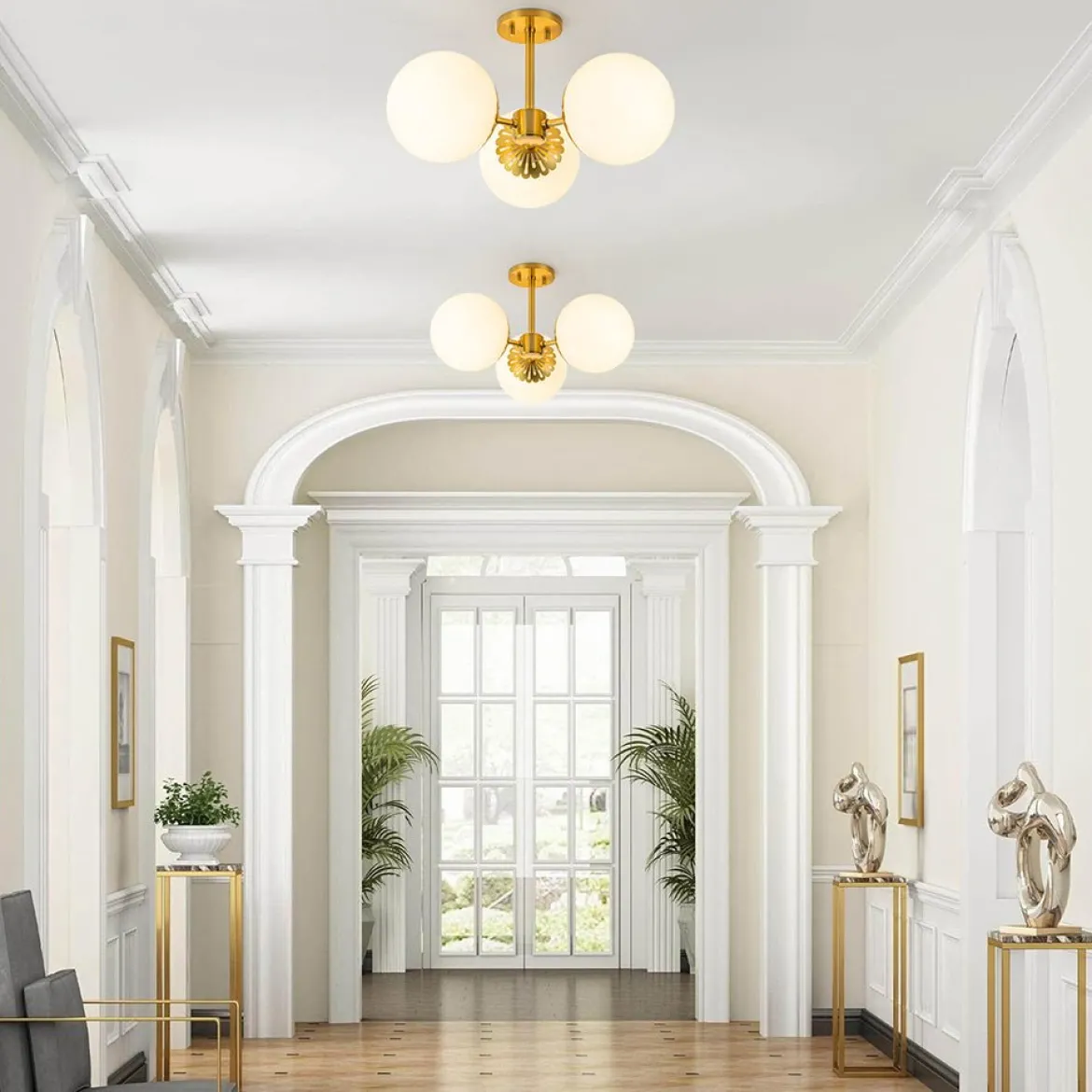 Brass Daisy 3-Light Opal Glass Globe Semi Flush Light