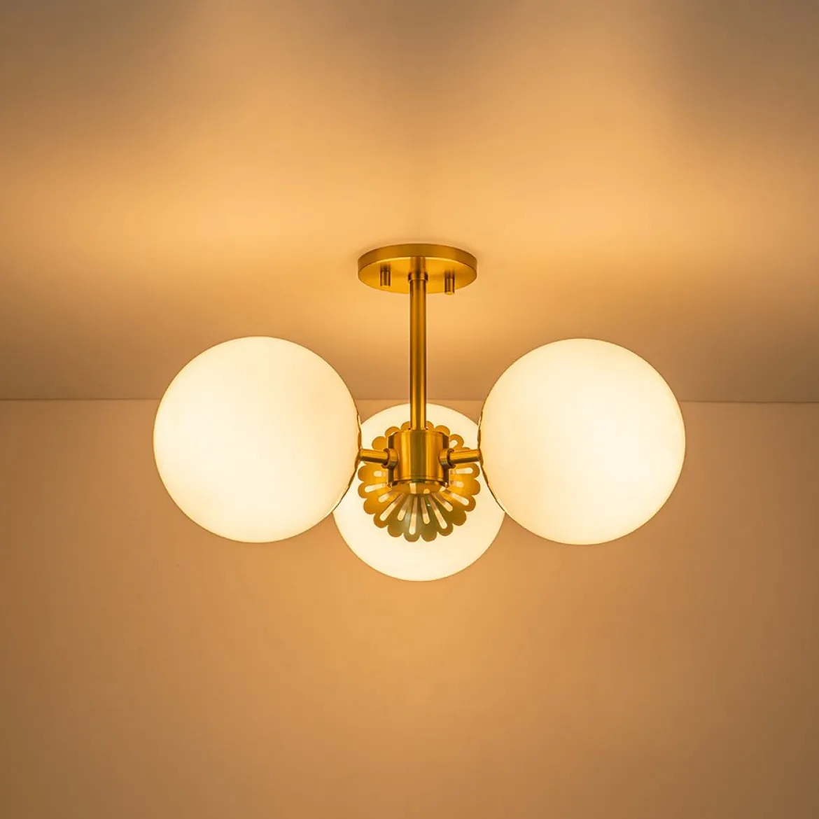 Brass Daisy 3-Light Opal Glass Globe Semi Flush Light