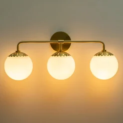 Brass Daisy 3-Light Opal Glass Globe Vanity Light