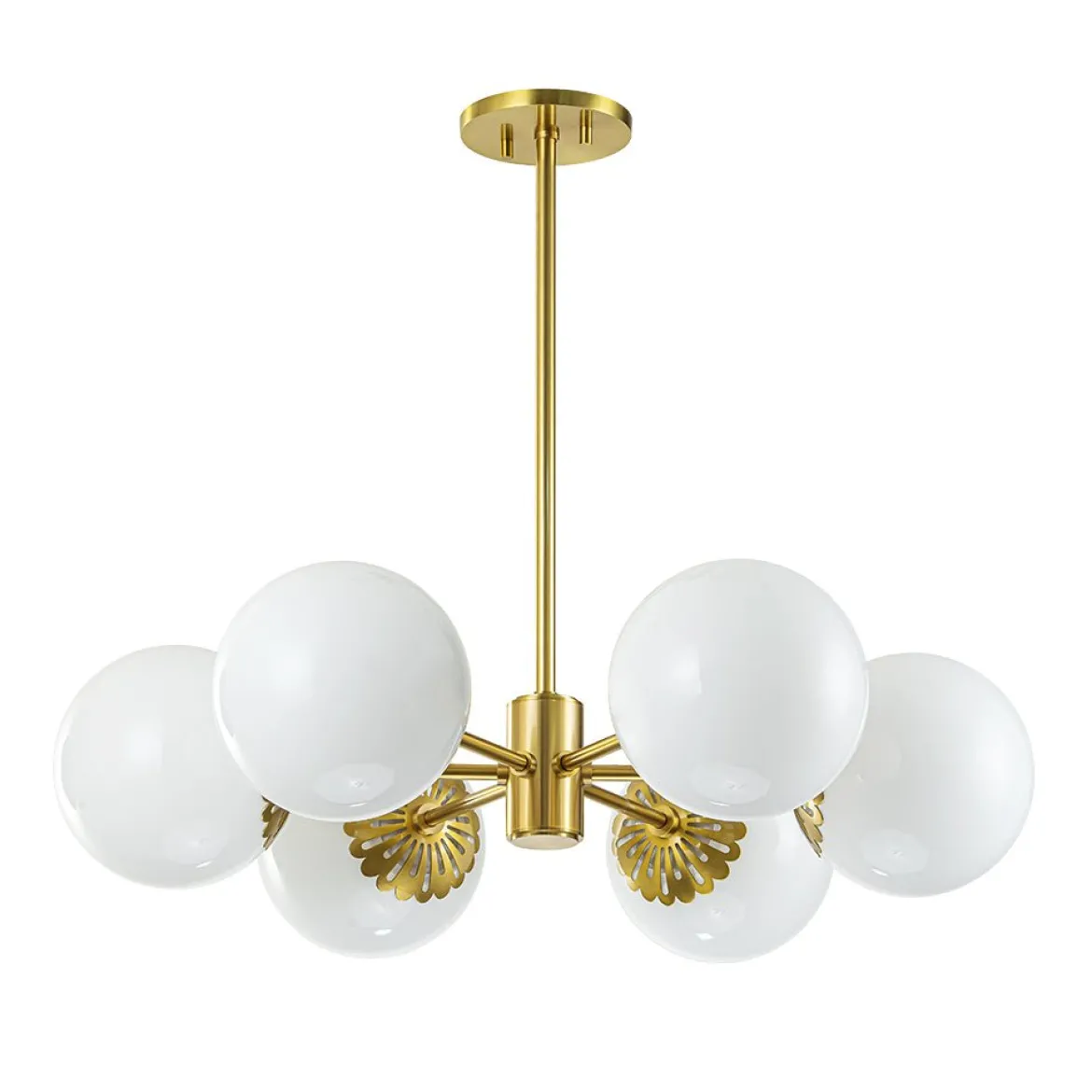 Brass Daisy Tiered Opal Glass Globe Sputnik Chandelier