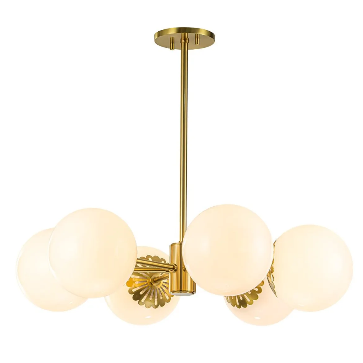 Brass Daisy Tiered Opal Glass Globe Sputnik Chandelier