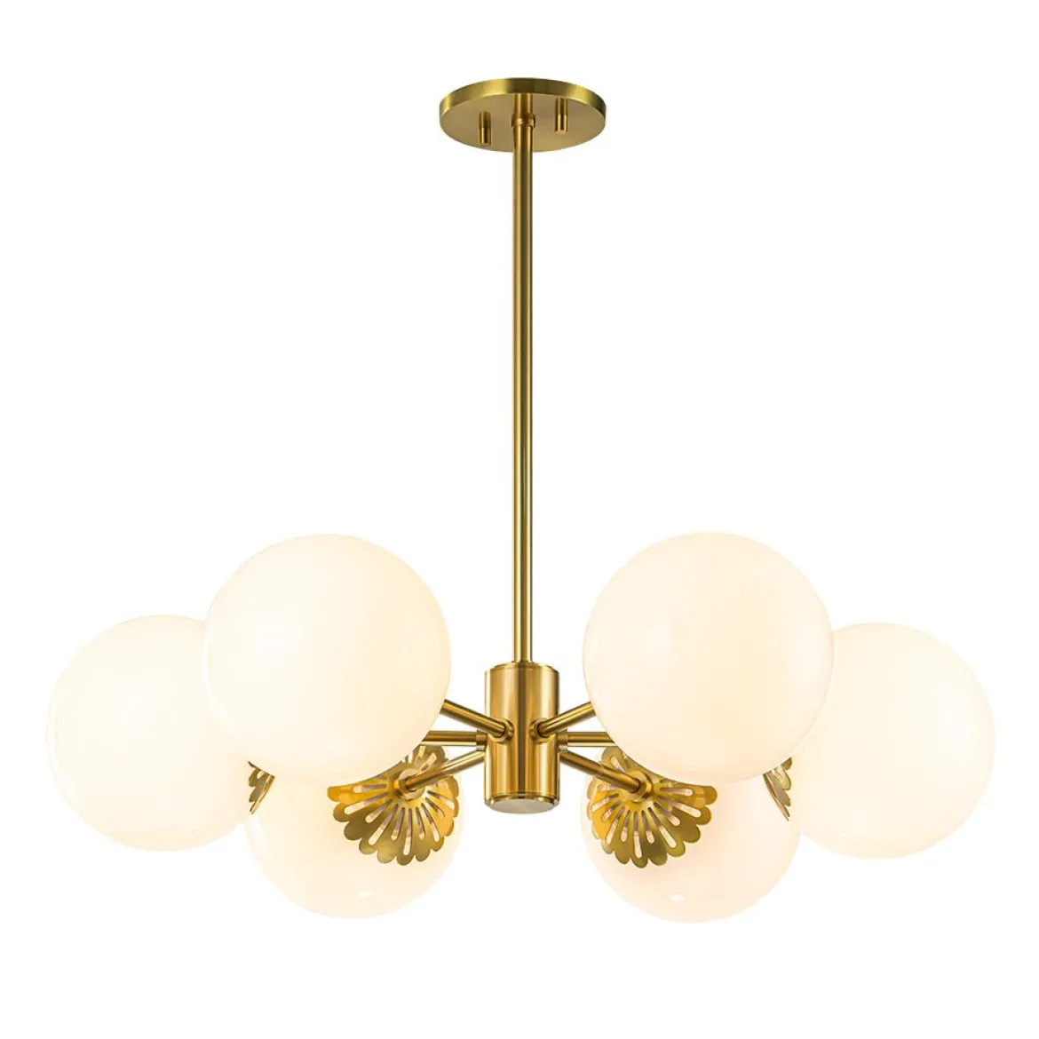Brass Daisy Tiered Opal Glass Globe Sputnik Chandelier
