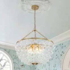Brass Draped Ribbed Glass Bubble Round Pendant Chandelier