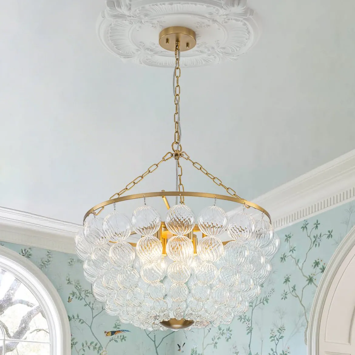 Brass Draped Ribbed Glass Bubble Round Pendant Chandelier