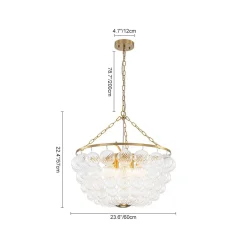 Brass Draped Ribbed Glass Bubble Round Pendant Chandelier