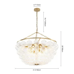 Brass Draped Ribbed Glass Bubble Round Pendant Chandelier