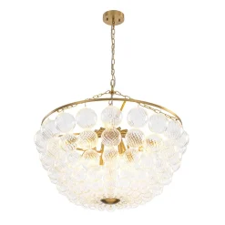 Brass Draped Ribbed Glass Bubble Round Pendant Chandelier