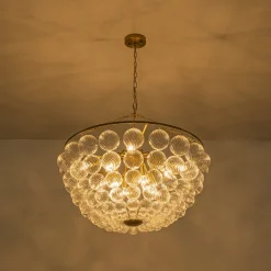 Brass Draped Ribbed Glass Bubble Round Pendant Chandelier