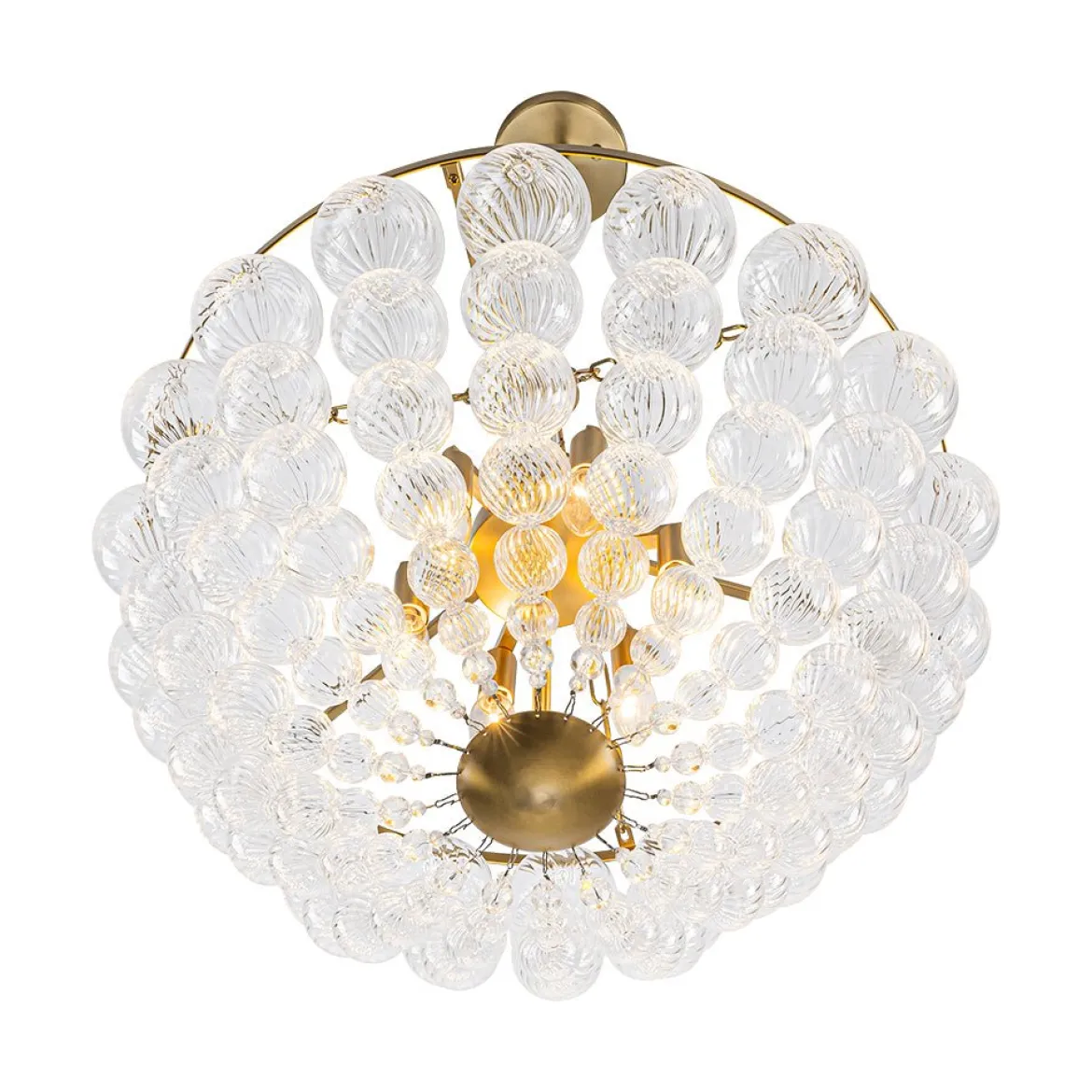 Brass Draped Ribbed Glass Bubble Round Pendant Chandelier