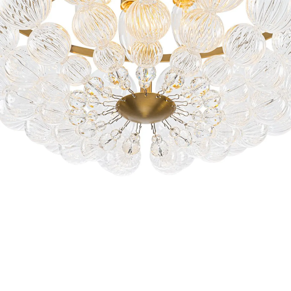 Brass Draped Ribbed Glass Globe Round Semi Flush Chandelier