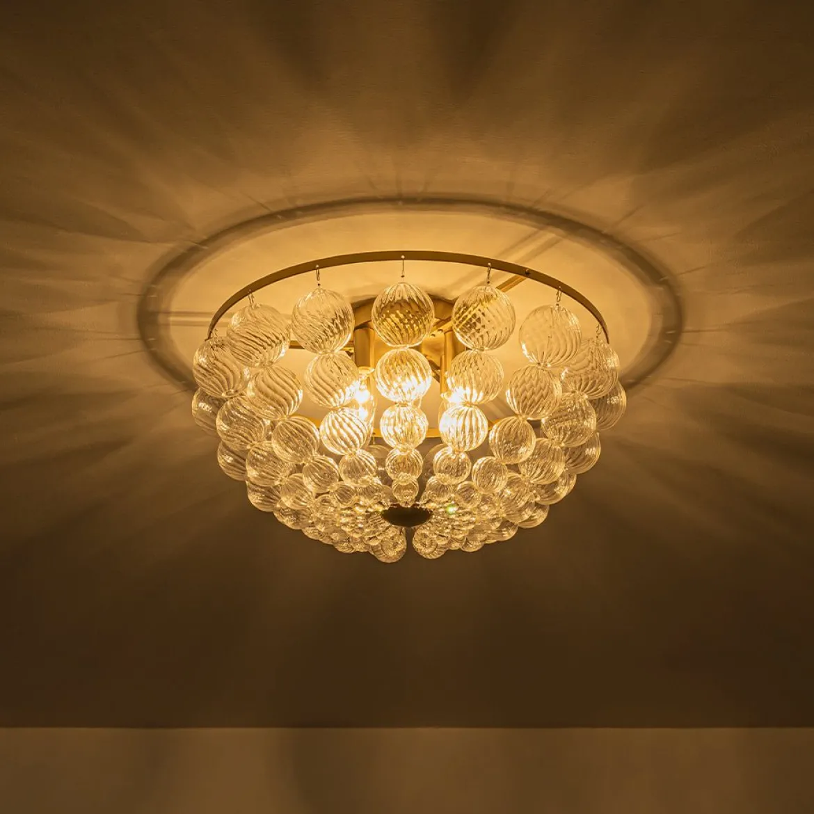 Brass Draped Ribbed Glass Globe Round Semi Flush Chandelier