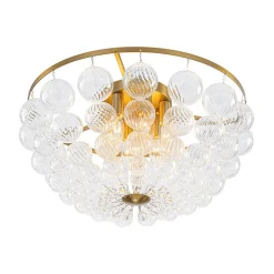 Brass Draped Ribbed Glass Globe Round Semi Flush Chandelier